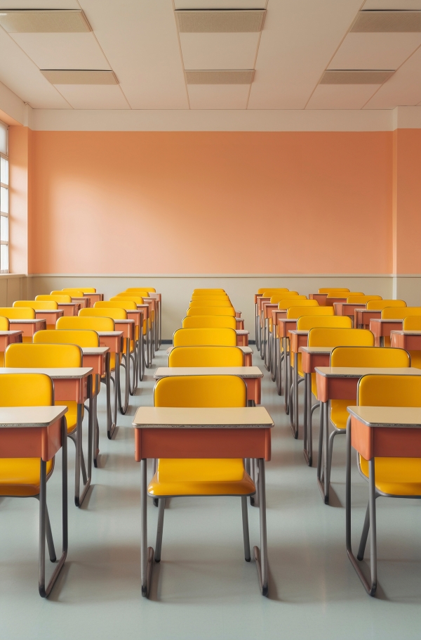 Ein Klassenzimmer mit Stuhlreihen.