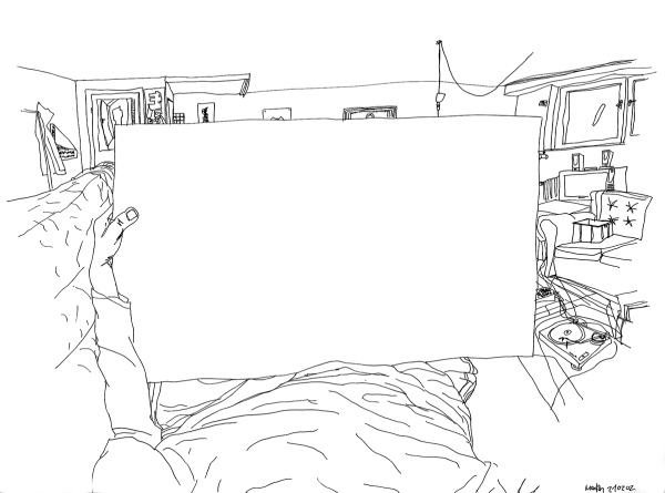 Schwarz-weiß Zeichnung einer liegenden Person, die ein weißes Papier
                                          in der Hand hält.