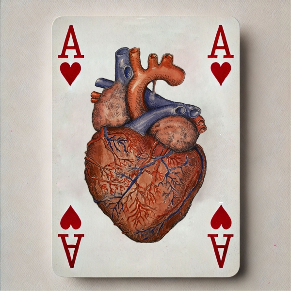 Eine Spielkarte, Herz Ass. In der Mitte befindet sich ein anatomisches Herz.