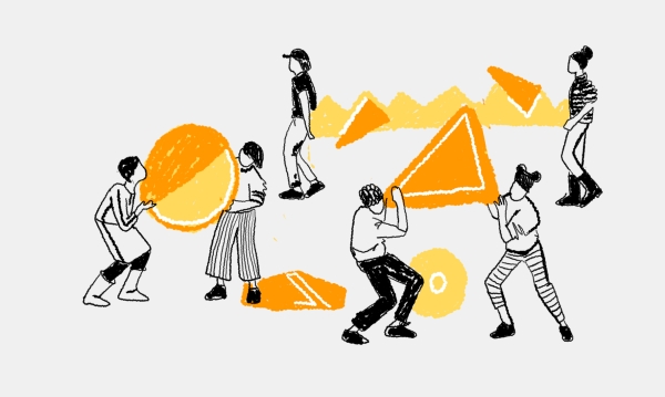 Strichzeichnung, Menschen tragen verschiedene geometrische Formen